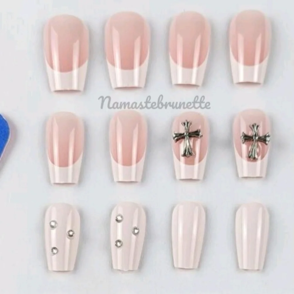 2/$16 Rhinestone Cross French Manicure Press on Nails